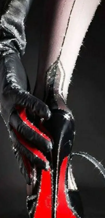 Elegant black stiletto with matching glove on a dark background.