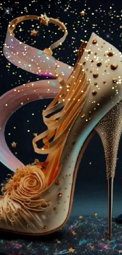 Elegant stiletto with galaxy elements and a fantasy design on a mobile wallpaper.