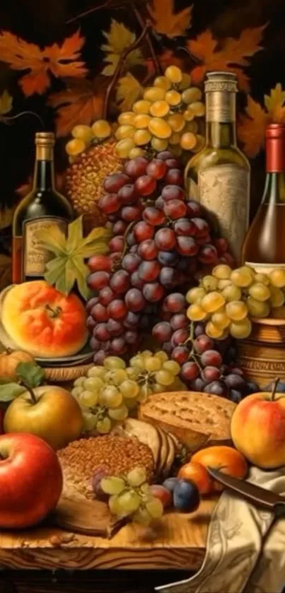 Still life wallpaper with fruit and wine bottles.