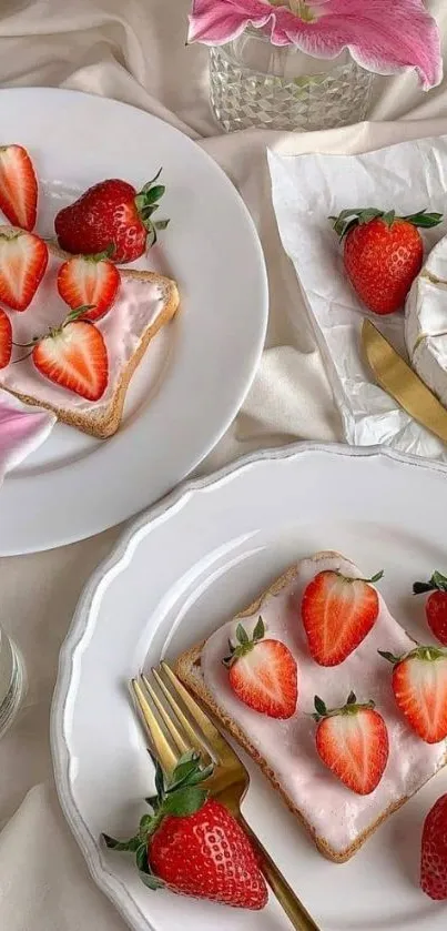 Chic breakfast scene with strawberries on toast and pink floral accents.