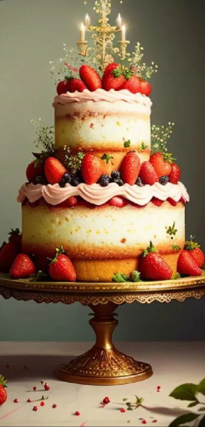 Elegant strawberry cake on vintage stand with greenery.