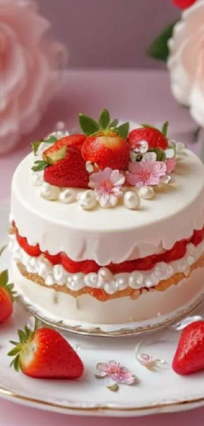 Strawberry cake with roses on a platter.