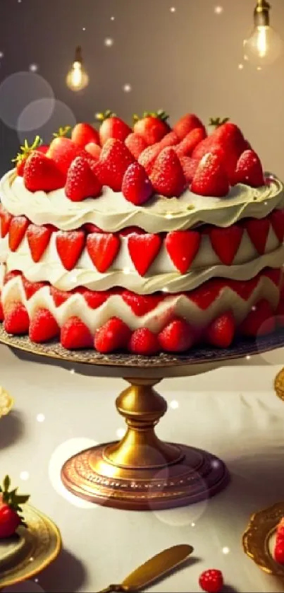Luxurious strawberry cake with cream and decorative berries on a golden stand.