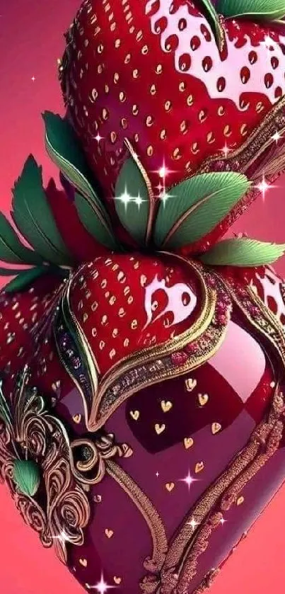 Artistic strawberry heart with gold details on a vibrant red background.