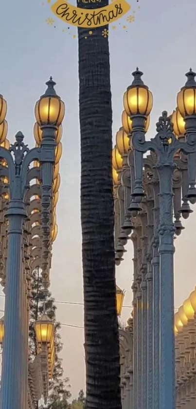 Elegant street lamps glowing at dusk, with Christmas decor.