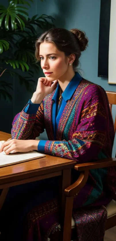 Elegant woman reading in a vibrant, cozy study room setting.