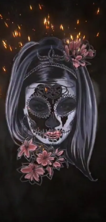 Elegant sugar skull with flowers on black background.