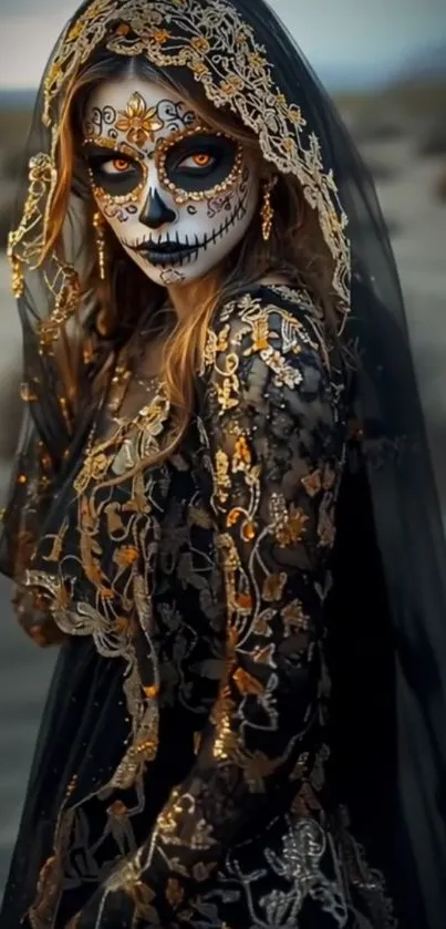 Woman with sugar skull makeup and intricate costume.