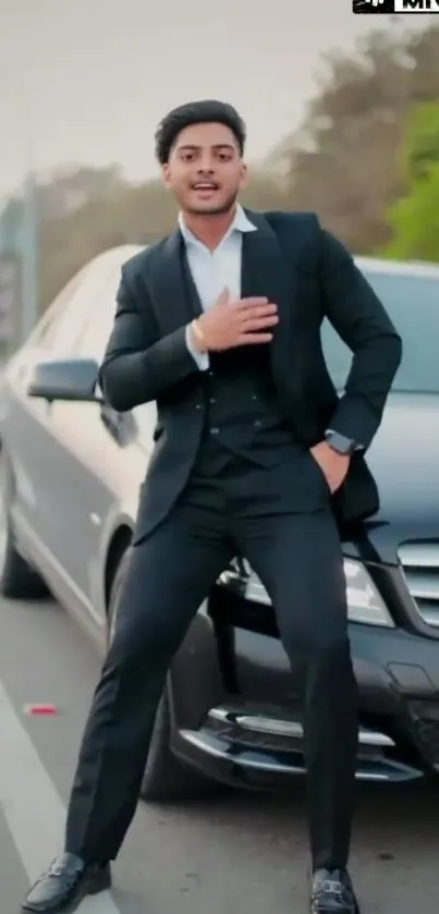 Man in black suit poses by black car on street.