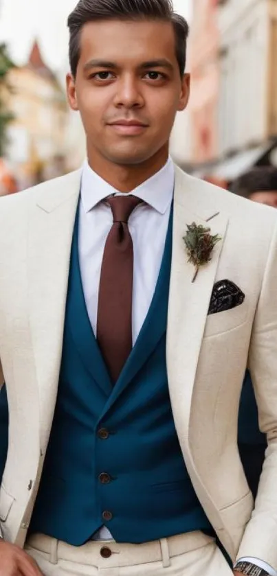 Man in cream suit and blue vest, outdoors fashion.