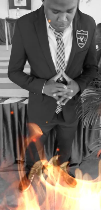 Person in a suit with flames around them in grayscale setting.