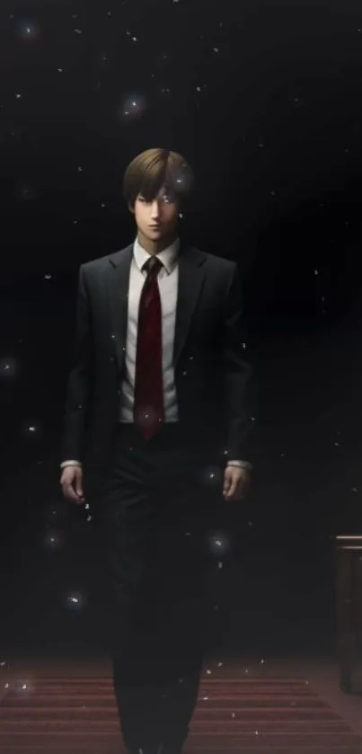 Elegant figure in dark ambiance, wearing a suit.