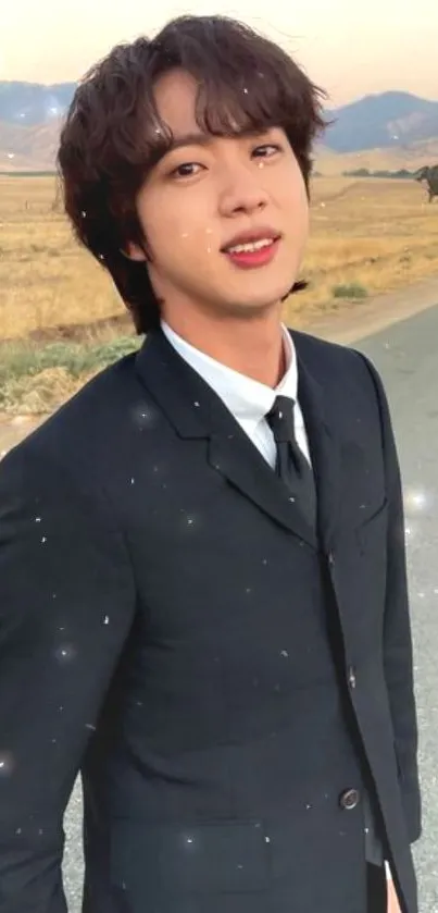 Person in a suit on a scenic road with a nature backdrop.