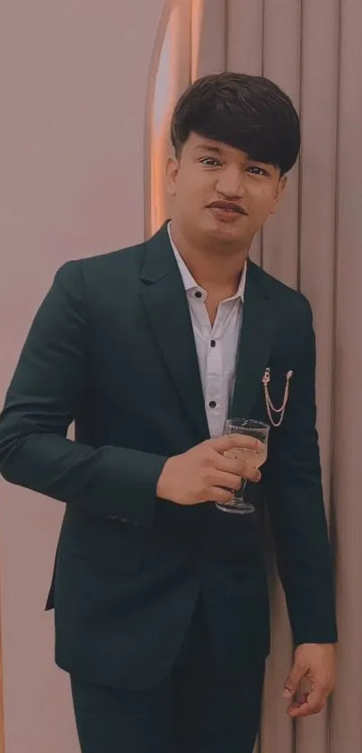 Man in a stylish suit holding a drink.