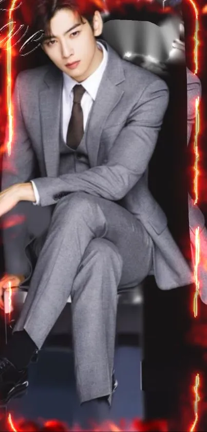 Person in gray suit with fiery background wallpaper.