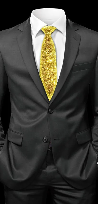 Black suit with gold glitter tie for phone wallpaper.