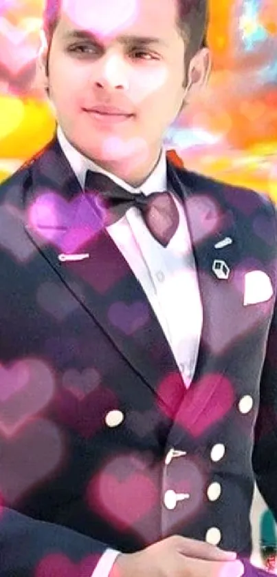 Man in elegant suit with vibrant heart overlays and dreamy background.