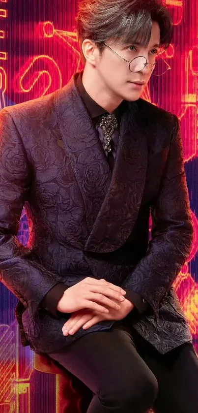 Man in stylish suit with neon color backdrop.