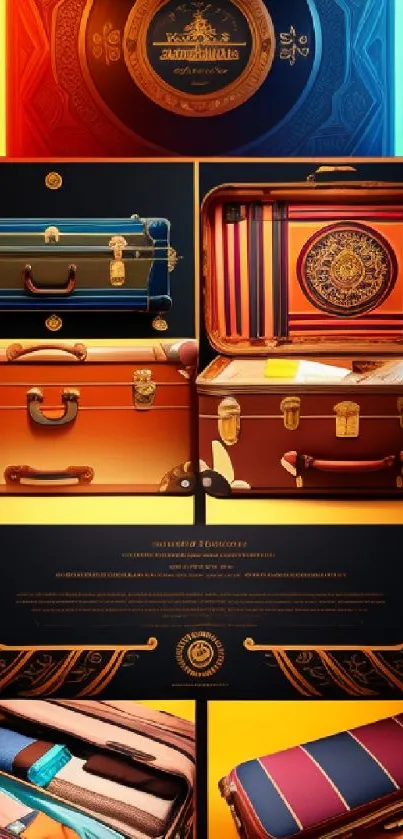 Colorful suitcase art with rich orange and blue highlights, perfect for mobile displays.