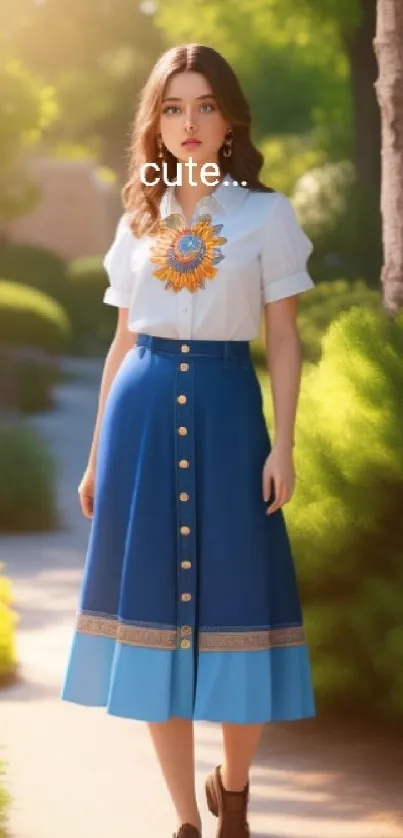 Woman in blue skirt and white blouse in sunlit garden.