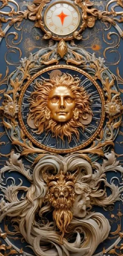 Elegant wallpaper with gold sun and lion design.