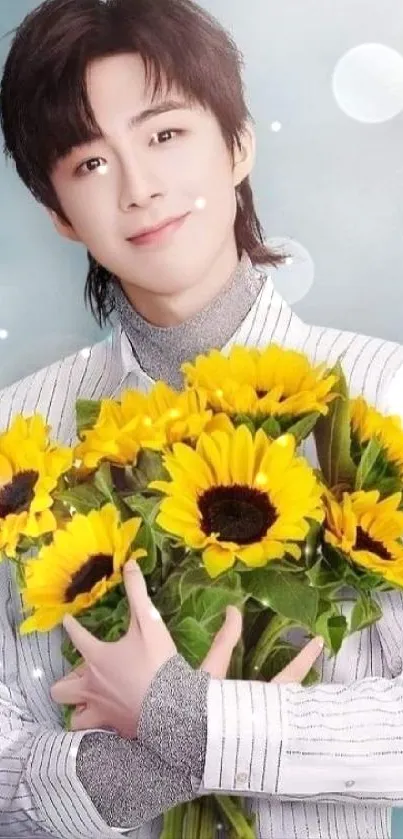 Person holding sunflower bouquet, sky blue background.