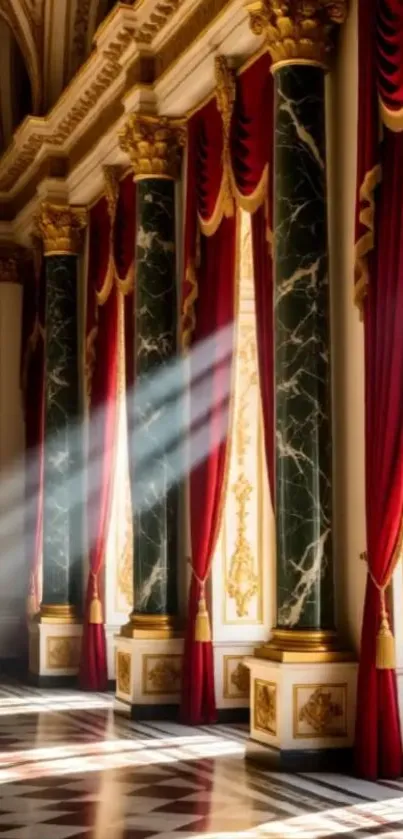 Sunlit palace corridor with red drapery and ornate columns.