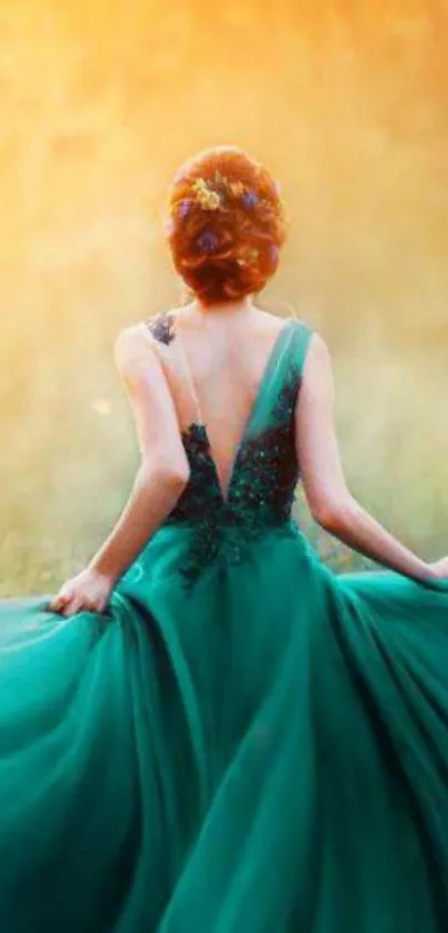 Woman in emerald dress at sunset, elegant wallpaper.