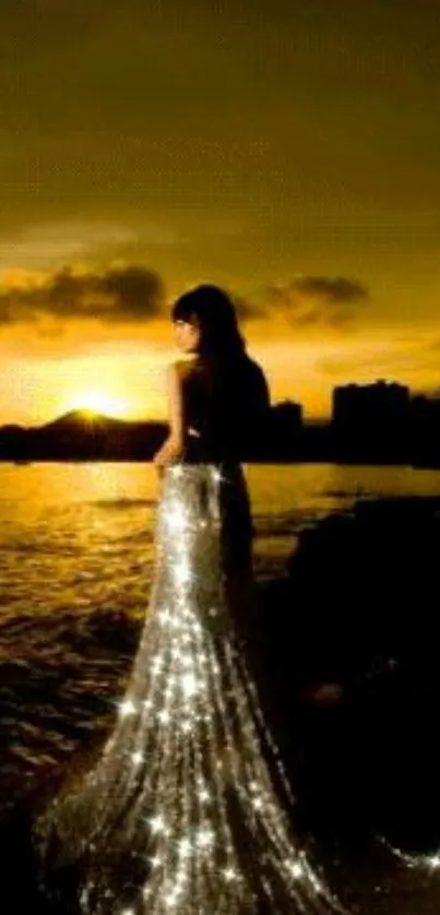 Woman in sparkling gown by sunset waters.