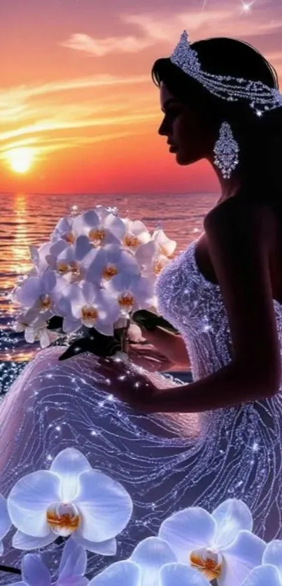 Elegant woman by the ocean during a sunset, holding flowers.