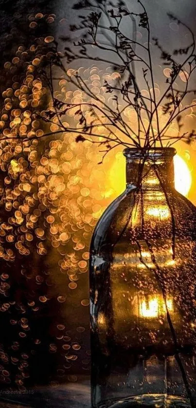 Serene sunset with glass bottle and golden bokeh effect.