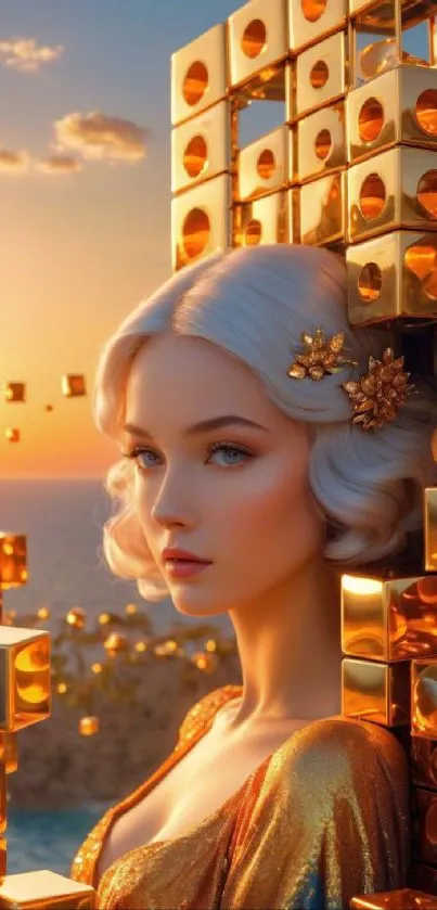 Elegant woman with golden cubes in a sunset fantasy setting.