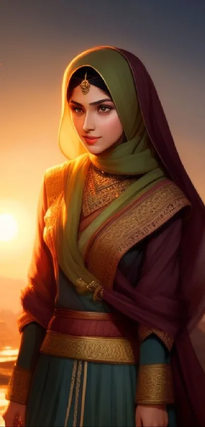 Elegant sunset with woman in traditional attire and cultural setting.