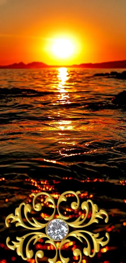 Sunset over ocean with golden jewel design on mobile wallpaper.