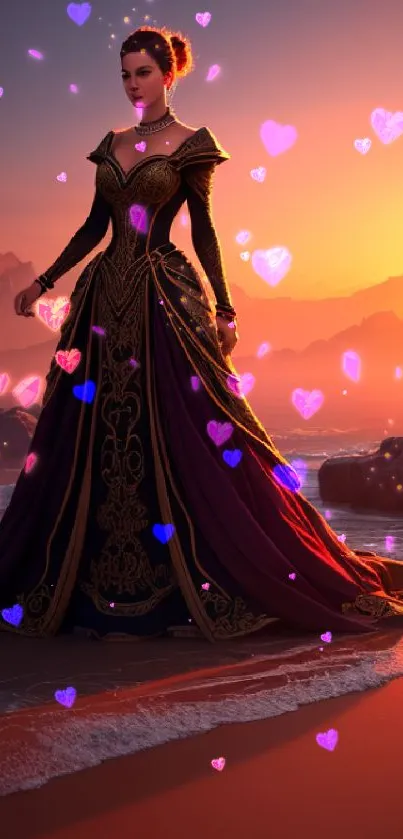 Princess in ornate gown at sunset on beach, vibrant and elegant.