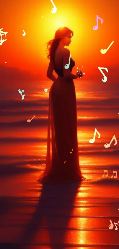 Elegant silhouette of a woman against a vibrant sunset ocean background.