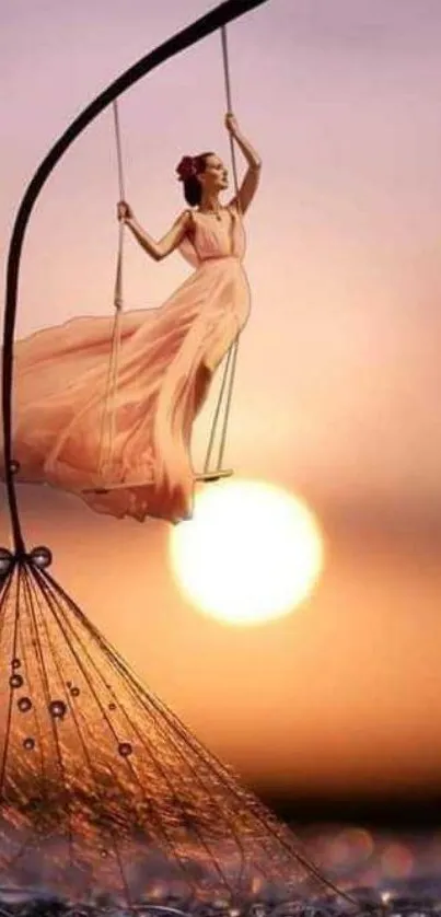 Woman elegantly swinging at sunset with artistic backdrop.