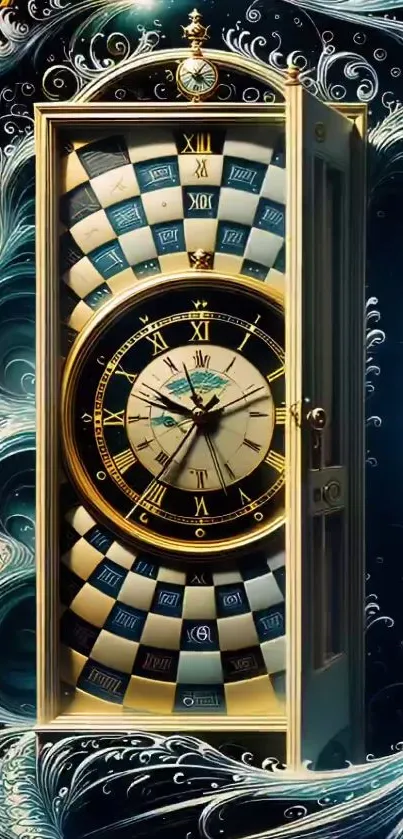 Elegant surreal clock with intricate design and dark blue background.