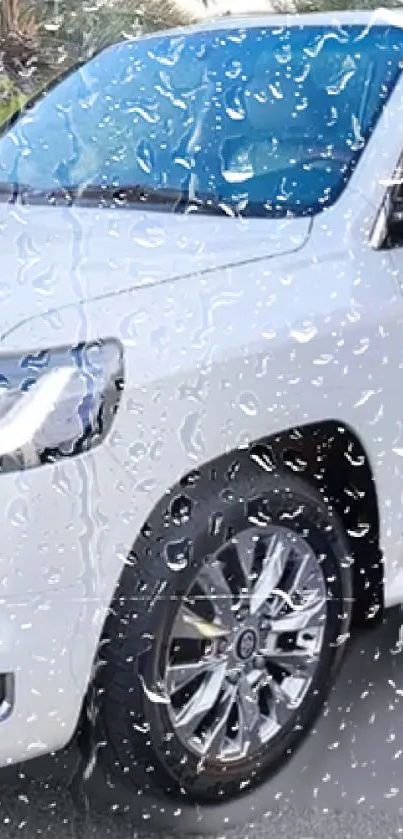 White SUV with raindrops on window.