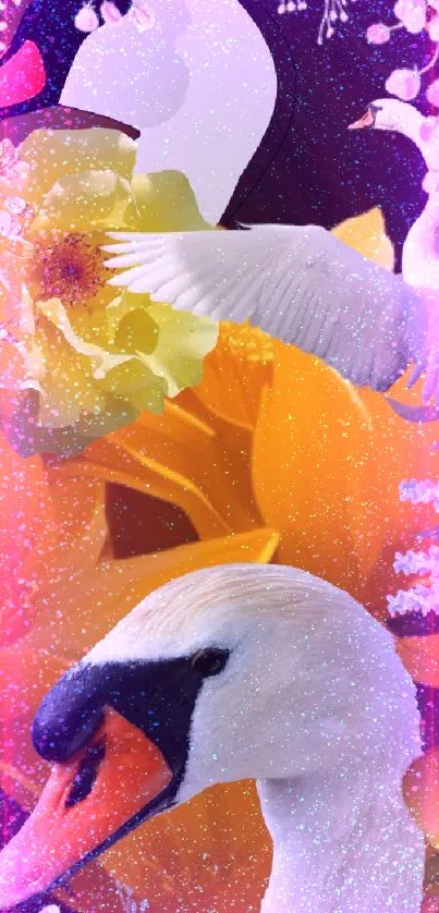 Artistic wallpaper with swan and flowers in golden hues.