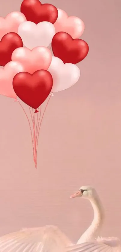 Swan with heart balloons on a soft pink background.