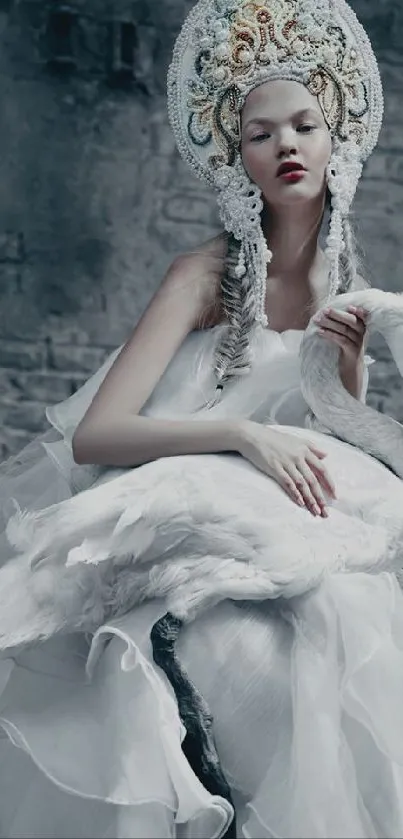 Woman in headdress holding swan against rustic wall.