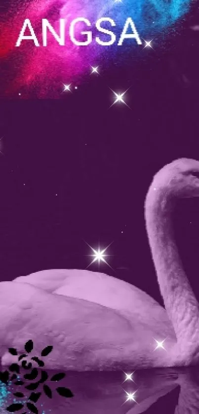 Elegant swan on a purple backdrop with colorful accents.