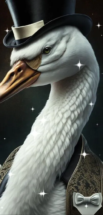 Swan in elegant attire with top hat and vest.