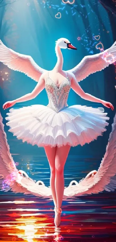 Elegant swan ballet dancer art wallpaper with ethereal wings.