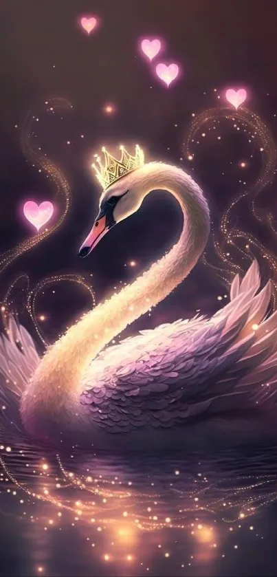 Crowned swan surrounded by glowing pink hearts in a fantasy setting.