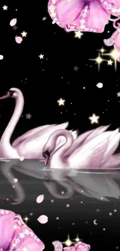 Swans and pink flowers in a serene, starry night fantasy scene.