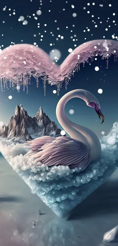 Elegant swan inside a heart-shaped icy formation, set against a dreamy blue background.