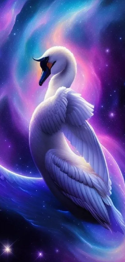 Mobile wallpaper of a swan with cosmic colors and starry swirl.