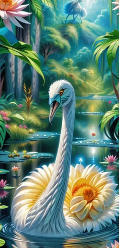 Elegant swan in a vibrant forest surrounded by lilies and lush green scenery.